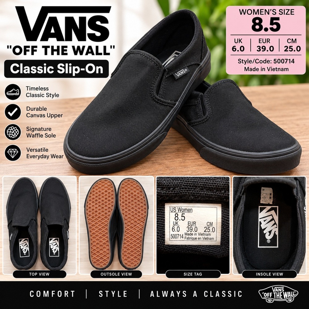 Vans Classic Slip-On Black Canvas Sneakers Womens 8.5 Low Top Shoes 500714